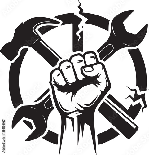 Fist with tools and cracked circle symbol power strength