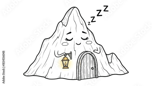 Animated Sleeping Mountain: An adorable, animated mountain slumbers peacefully, complete with a cozy dwelling, lantern, and gentle zzz sounds, embodying rest and tranquility.
