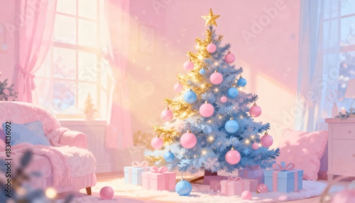 Pastel christmas tree soft pink ornaments baby blue