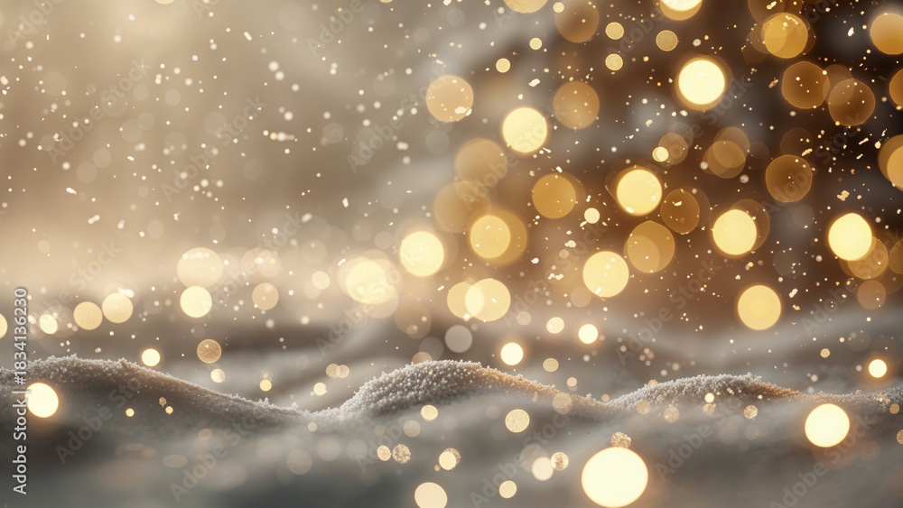Fototapeta premium Snowy Winter Background with Golden Bokeh Lights and Falling Snowflakes