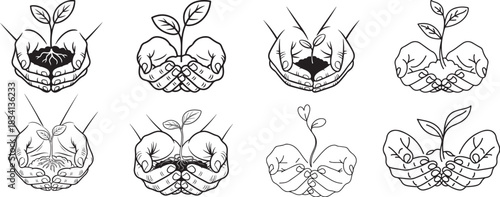 Line drawing, depicting two hands with plant, symbol of nurturing and growth line art style collection, line vector art.