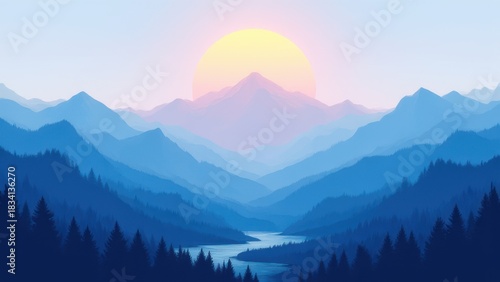 minimalist mountain illustration in blue tones with soft morning sunrise creating serene natural harmony and tranquil landscape scene concept of eco design creative background branding
