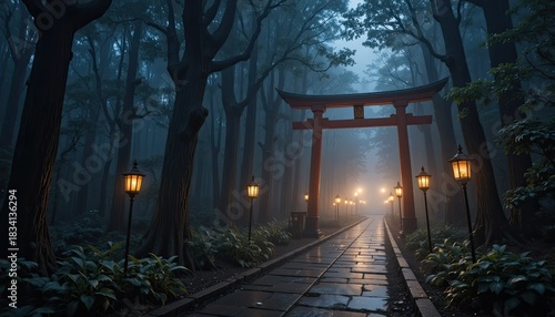 In a misty Japanese forest at night, a damp stone road is lined with light lanterns and a red torii gate.  The trees around the enigmatic illuminated walkway are drenched in rain.  Serene scene.