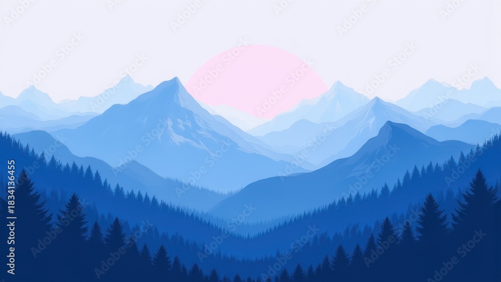 Obraz premium minimalist mountain illustration in blue tones with soft morning sunrise creating serene natural harmony and tranquil landscape scene concept of eco design creative background branding