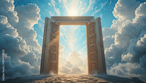 Between opposing cloudy sky, there are large, open double doors with elaborate carvings that symbolize the crossing from judgment to the afterlife.  Doors with beautiful, radiant light surrounding the