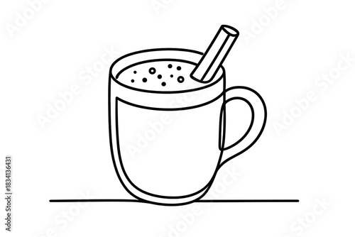 Minimalist Holiday Mug. Cozy holiday drink. Minimalistic one-line drawing mug with eggnog and cinnamon stick,