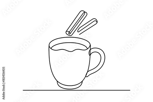 Minimalist Eggnog Design. Holiday eggnog. Minimalistic one-line drawing cup of eggnog with floating cinnamon