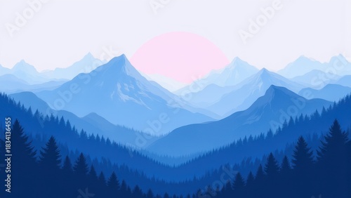 minimalist mountain illustration in blue tones with soft morning sunrise creating serene natural harmony and tranquil landscape scene concept of eco design creative background branding