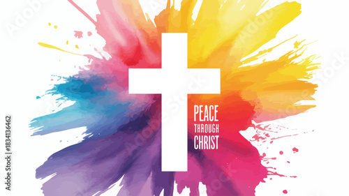 White christian cross with peace through christ text against a vibrant watercolor splash background