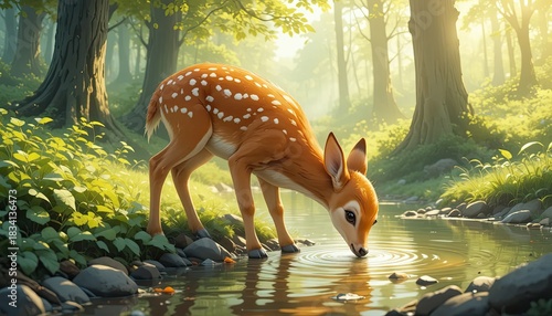 A baby deer is shown in the illustration drinking water in a woodland.  The fawn stoops to the brink of the stream.  A gentle background is produced by green trees.  A serene image is created by sunli