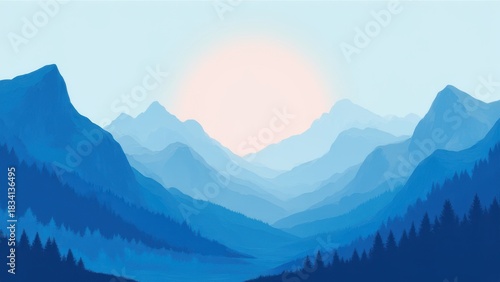 minimalist mountain illustration in blue tones with soft morning sunrise creating serene natural harmony and tranquil landscape scene concept of eco design creative background branding