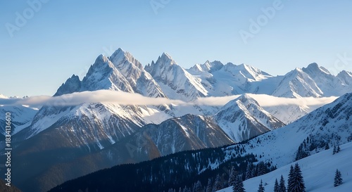 Wallpaper Mural Majestic snow-capped mountains bathed in soft sunlight under a clear blue sky Torontodigital.ca