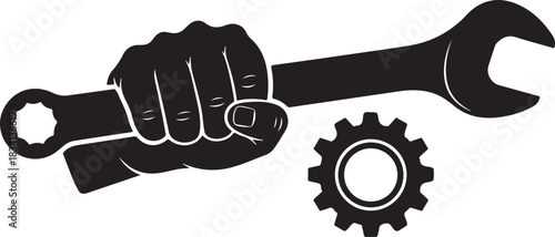 Hand Holding Wrench with Gear on White Background fist tool