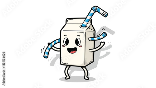 Playful Dairy Delight: A charming, animated carton of milk frolics with a striped straw, embodying the cheerful essence of refreshment and playful food
