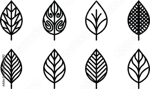 Collection of stylized leaf icons in different designs for graphics use