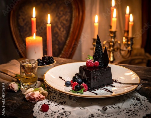 Elegant dessert presentation on plate with berries, surrounded by lit candles, floral elements, and lace