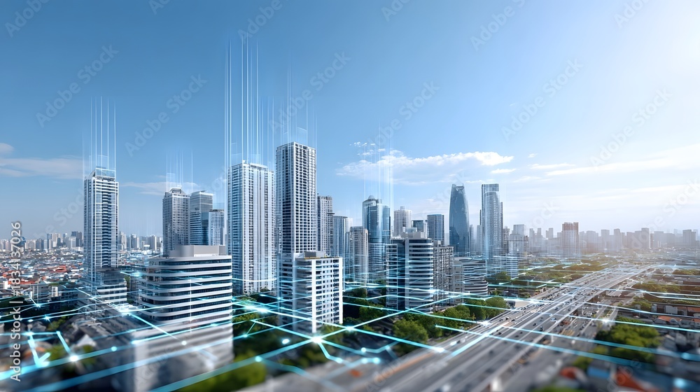 Fototapeta premium Futuristic urban landscape featuring tall skyscrapers and infrastructure illuminated by abstract digital network lines symbolizing data flow and advanced technological integ n