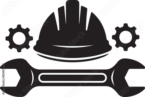 Hard Hat Wrench and Gears Construction Icon Keywords: hard hat, wrench, gears, tools