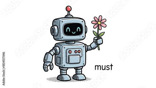 Robotic offering a flower: A charming robot extending a flower, symbolizing the fusion of technology and nature, perfect for illustrating innovation and creativity. 