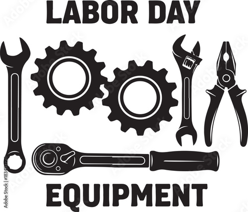 Labor Day Equipment Collection with Tools and Gears wrenches