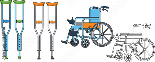 Medical mobility aids vector illustration set featuring crutches and wheelchairs in colored and outline styles