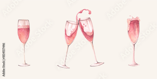 Romantic Champagne, Wine Glass. Elegant Party Toast for Wedding and Anniversary. Watercolor illustration.