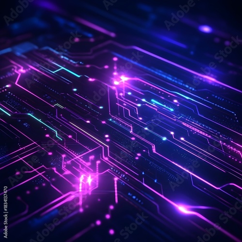 Vibrant Neon Circuit Board With Pink and Teal Glowing Traces technology futuristic photo