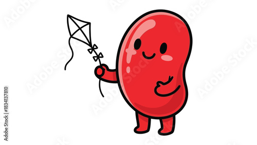 Playful Kite-Flying Bean: A cheerful red bean, its rosy cheeks flushed with joy, holds a kite aloft, embodying a carefree spirit and the simple pleasures of the day.