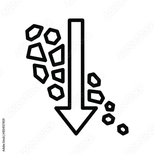 Downward arrow with falling irregular shapes, symbolizing flow, descent, or material movement