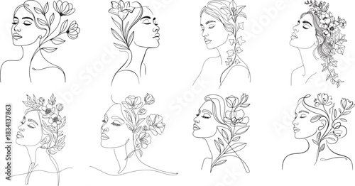 One line drawing, serene woman’s face inside profile with blooming flower and leaves line art style collection, Emotional Stress persons hand drawn line vector art. 