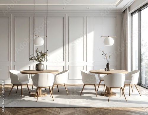 Elegant dining space with round tables, white chairs, and natural light filtering through a large window