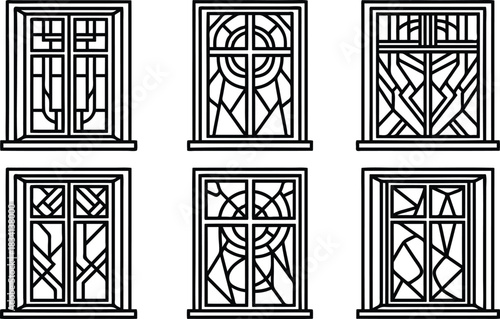 Six abstract stained glass window designs in black and white style