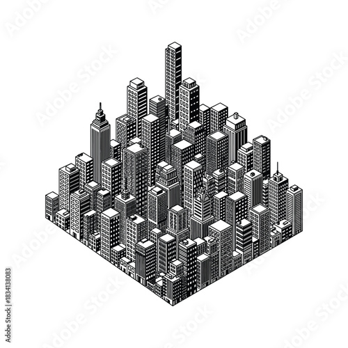 Monochrome Isometric Urban Architecture Illustration