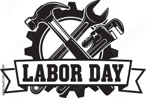 Labor Day Gear With Crossed Tools And Ribbon Text holiday work