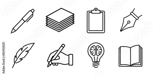 Writing and Creativity Icons Pen Paper Clipboard Quill and Idea Bulb.