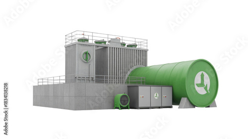 A 3D rendering of an industrial facility with a large green cylindrical tank, cooling towers, and ancillary equipment, featuring circular economy symbols. background removed