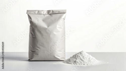 Bag of cement with fine white powder spilled on surface