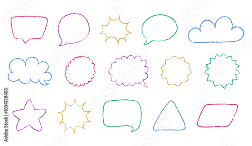 Colorful outline speech bubbles hand drawn with crayon texture. Set of communication shapes and borders with scribble grunge strokes. Vector shapes for text, childish designs, stickers, backgrounds.