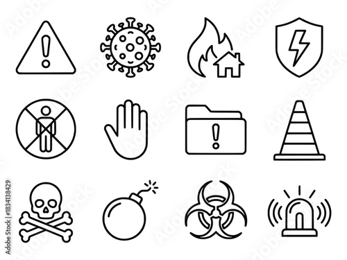 Collection of Hazard and Warning Icons Danger Virus Fire and More.