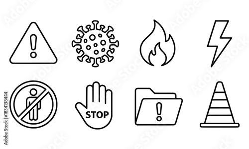Collection of Warning and Hazard Icons Representing Danger and Prevention.