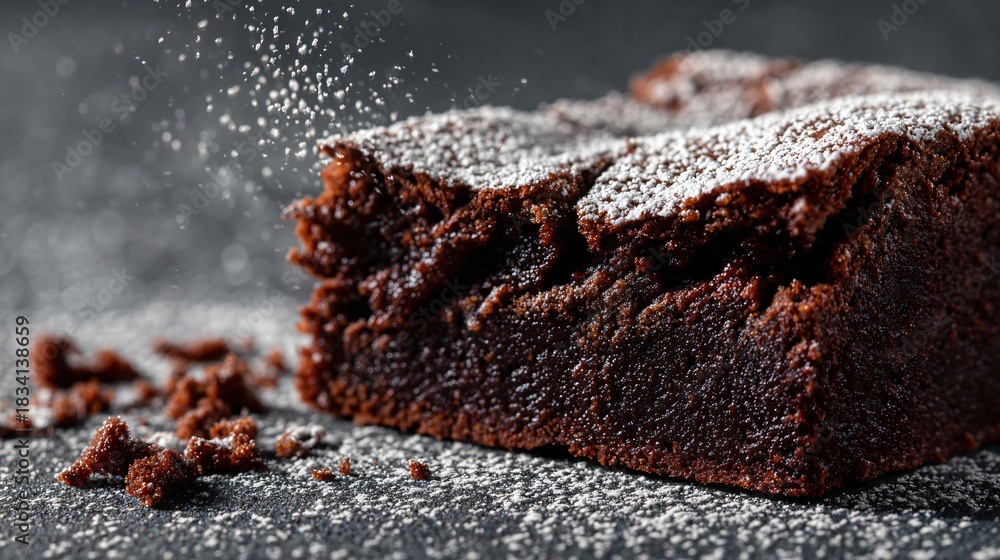 Fototapeta premium A flat lay of chocolate cobbler slice with powdered sugar dusting, pastel gray backdrop