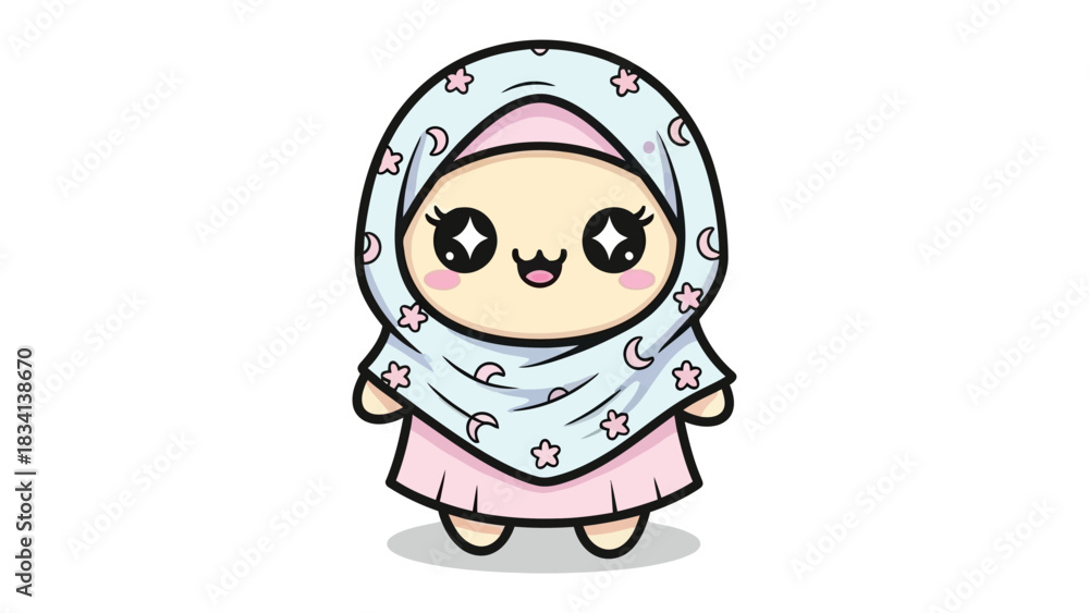 Fototapeta premium Cute girl with Hijab Illustration: A cute illustration of a young girl wearing a hijab, exuding a sense of innocence and cultural expression.