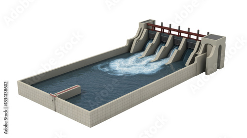 A 3D render of a concrete dam with multiple open sluice gates, showcasing water powerfully flowing from a contained reservoir downstream. Captures hydroelectric potential. background removed