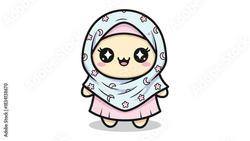 Cute girl with Hijab Illustration: A cute illustration of a young girl wearing a hijab, exuding a sense of innocence and cultural expression.