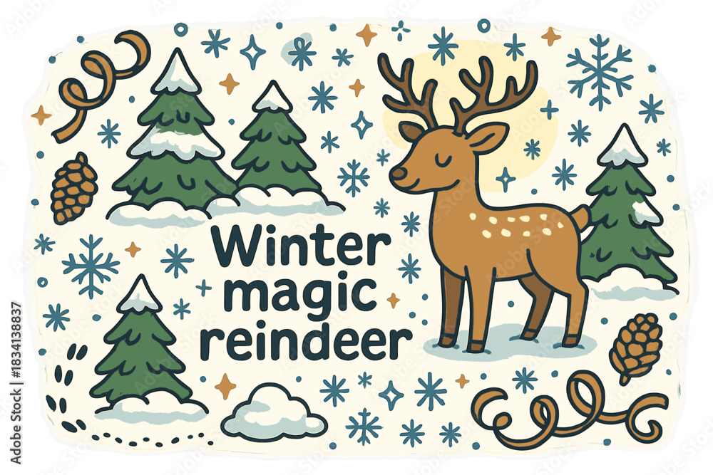 Naklejka premium Winter Reindeer Magic. Winter magic reindeer. Hand-drawn doodle illustration of Winter magic reindeer.