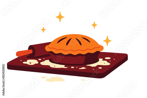 Rustic Pie Baking. Homemade pie baking scene. A rustic kitchen counter with freshly baked pie, rolling pin and