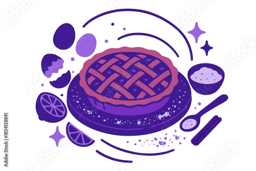 Festive Winter Baking. Winter baking vignette. Pie on rustic board, scattered flour and ingredients, abstract