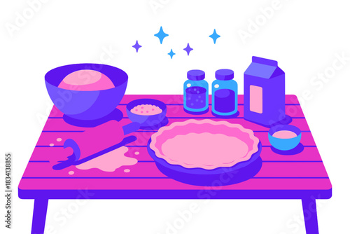 Cozy Winter Baking. Cozy kitchen baking. Wooden table with ingredients, pie crust, and spice jars, tiny spark