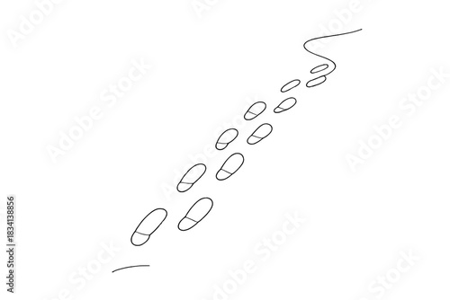 Footprints in Snow. Snow-covered path tracks. Minimalistic one-line drawing trail of footprints in fresh snow,