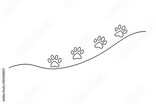 Paw Prints Elegance. Snow trail. Minimalistic one-line drawing line of paw prints over snowdrift, continuous